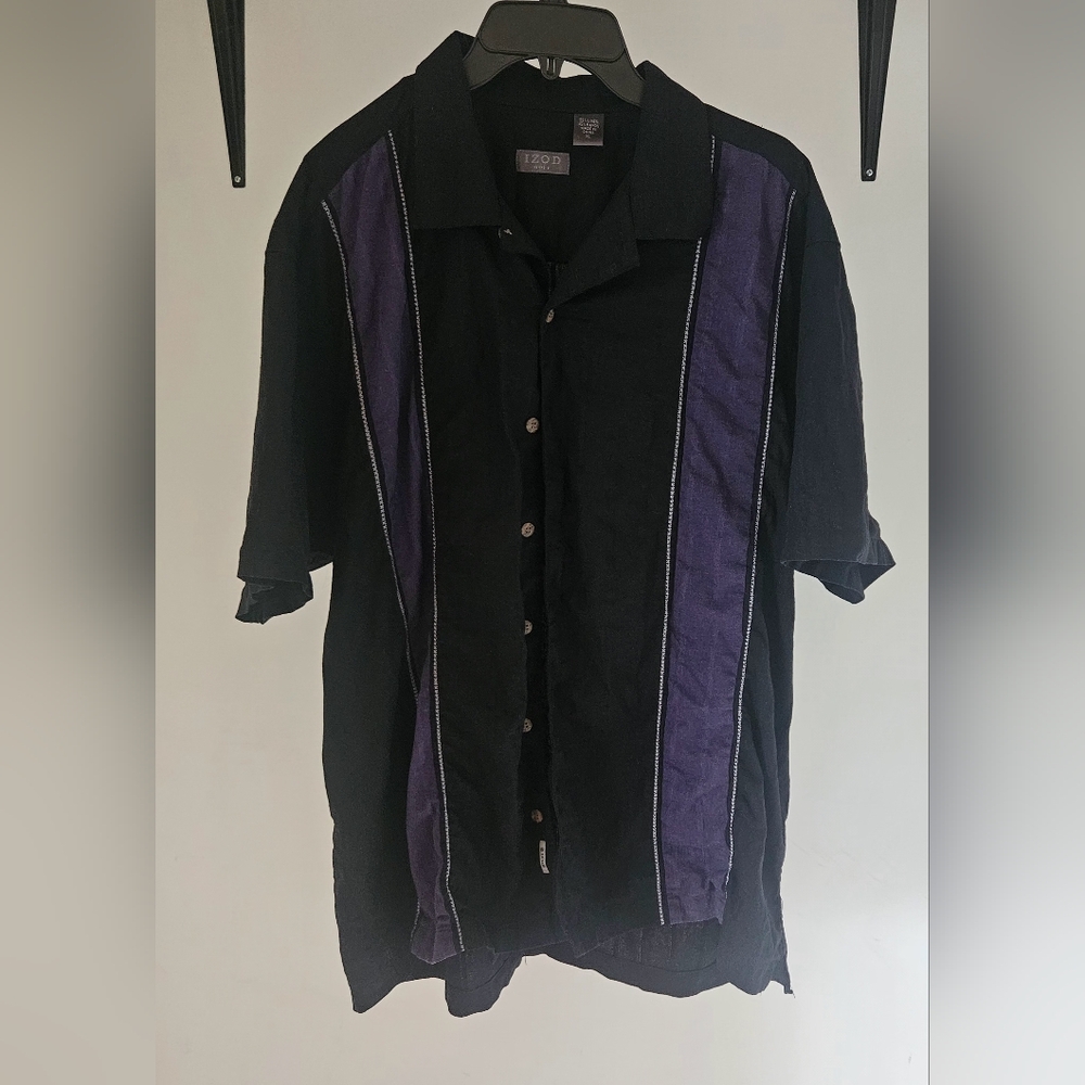Men's IZOD Linen Black and Purple Button-Up Shirt